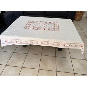 Vtg White Embroidered Tablecloth Red Floral Stitch Cottage Farmhouse 100 x 65 in